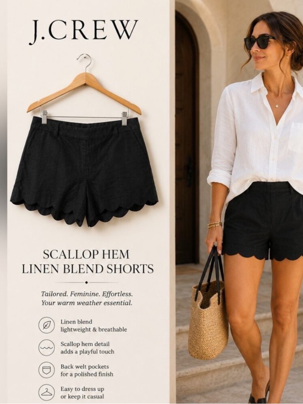 J.Crew Black Linen Blend Scallop Hem Shorts - NWT
